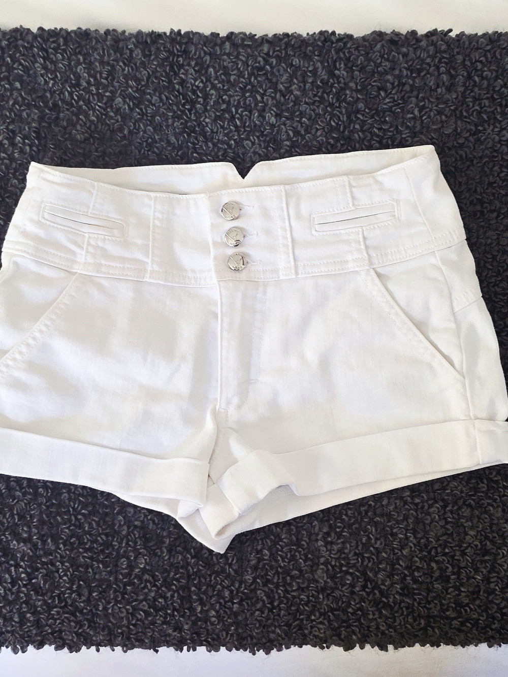 Bebe White Denim Low Rise Cuffed Shorts Y2K Button Fly Logo Size 24
